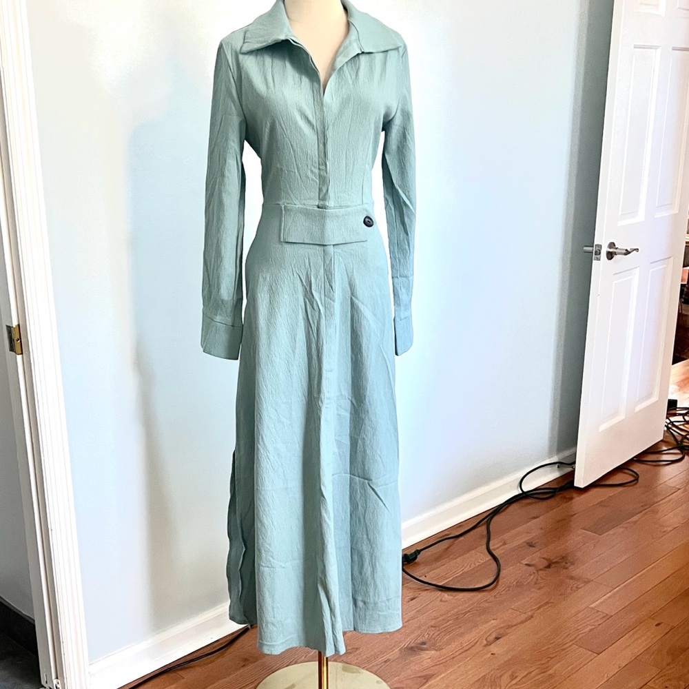 Contemporary Seafoam Collared Popover Dress Side Slits Pockets Long Sleeve Size - Picture 6 of 10